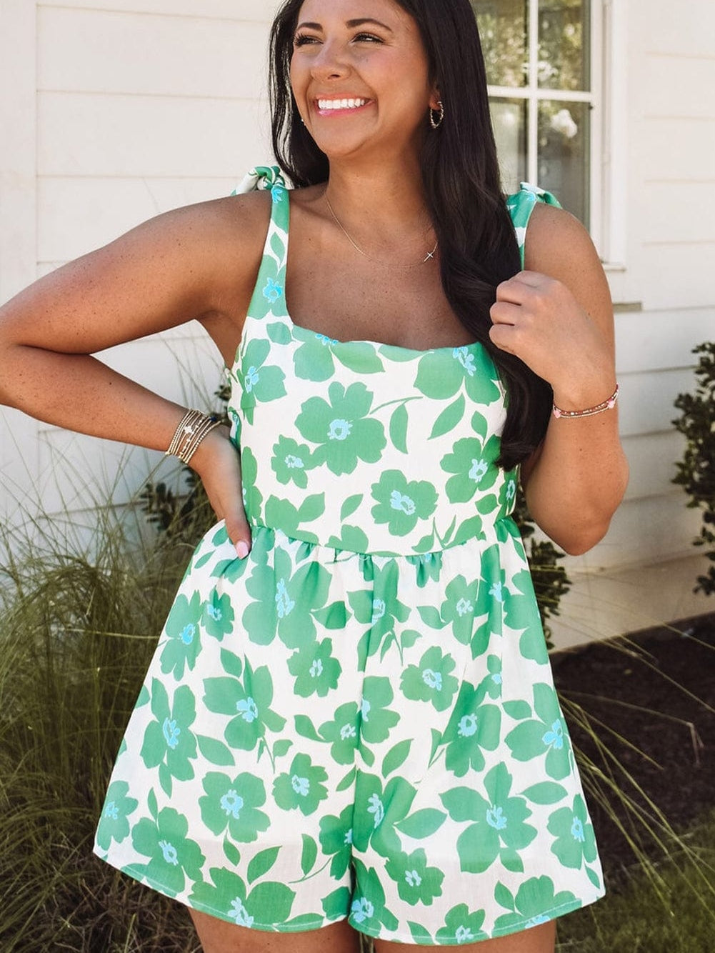 Green Floral Print Knotted Strap Square Neck Romper for Summertime Chic