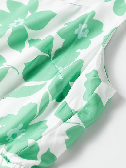 Green Floral Print Knotted Strap Square Neck Romper for Summertime Chic