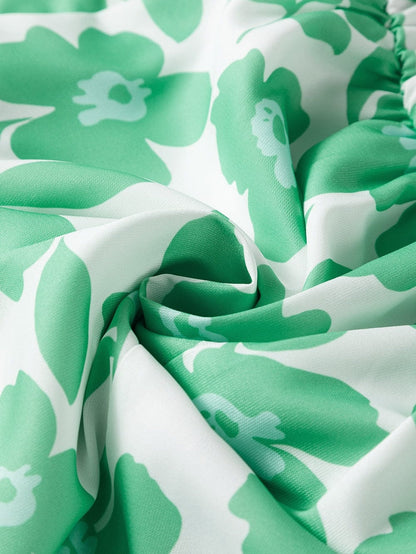 Green Floral Print Knotted Strap Square Neck Romper for Summertime Chic