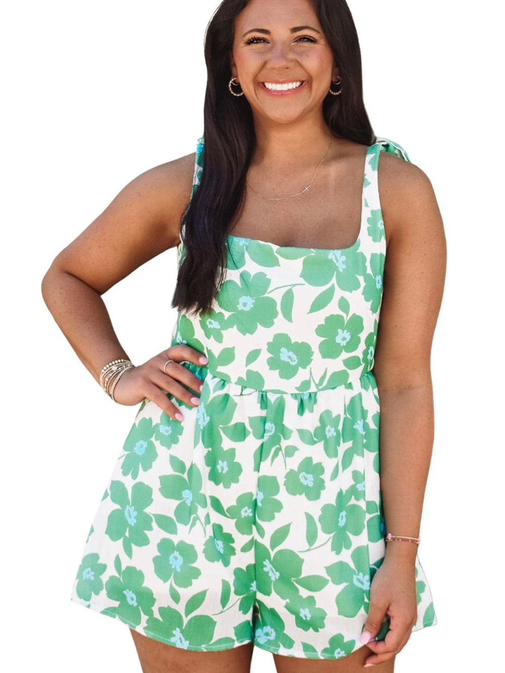 Green Floral Print Knotted Strap Square Neck Romper for Summertime Chic