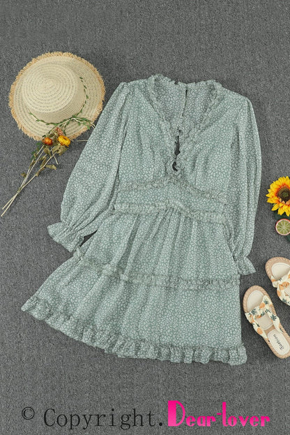 Green Floral Print Ruffle Detail Open Back Boho Dress