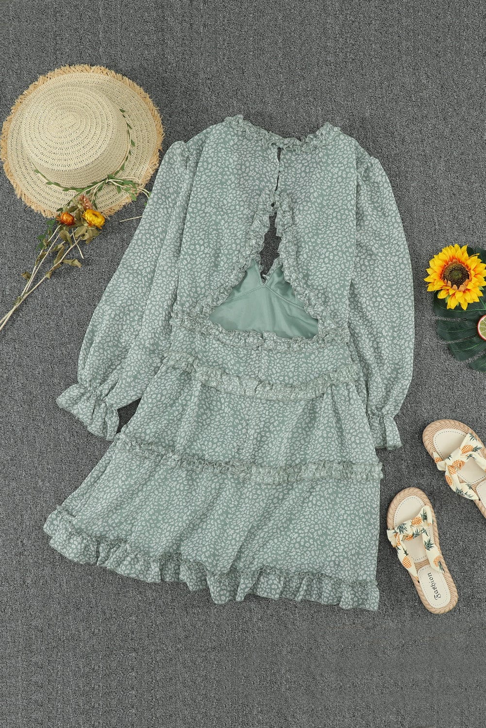 Green Floral Print Ruffle Detail Open Back Boho Dress