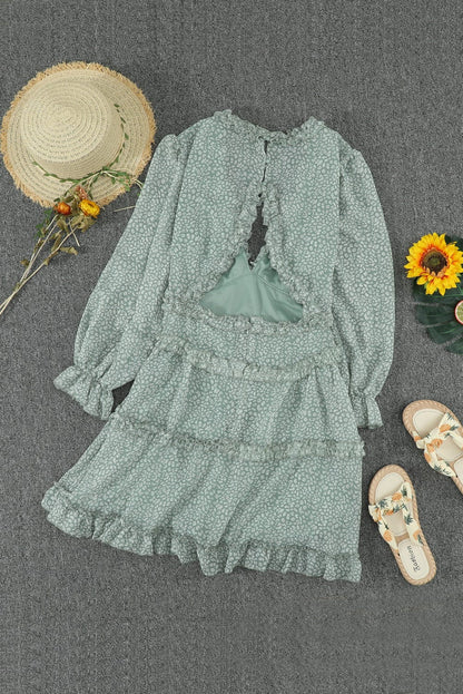 Green Floral Print Ruffle Detail Open Back Boho Dress