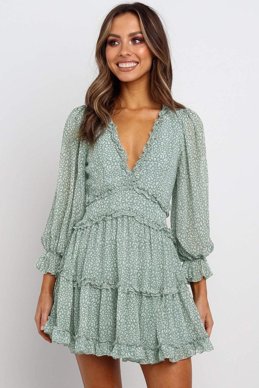 Green Floral Print Ruffle Detail Open Back Boho Dress