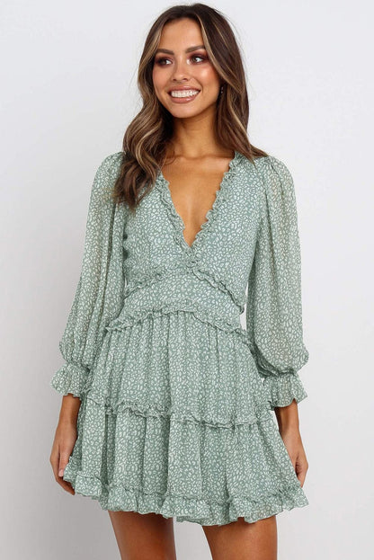 Green Floral Print Ruffle Detail Open Back Boho Dress