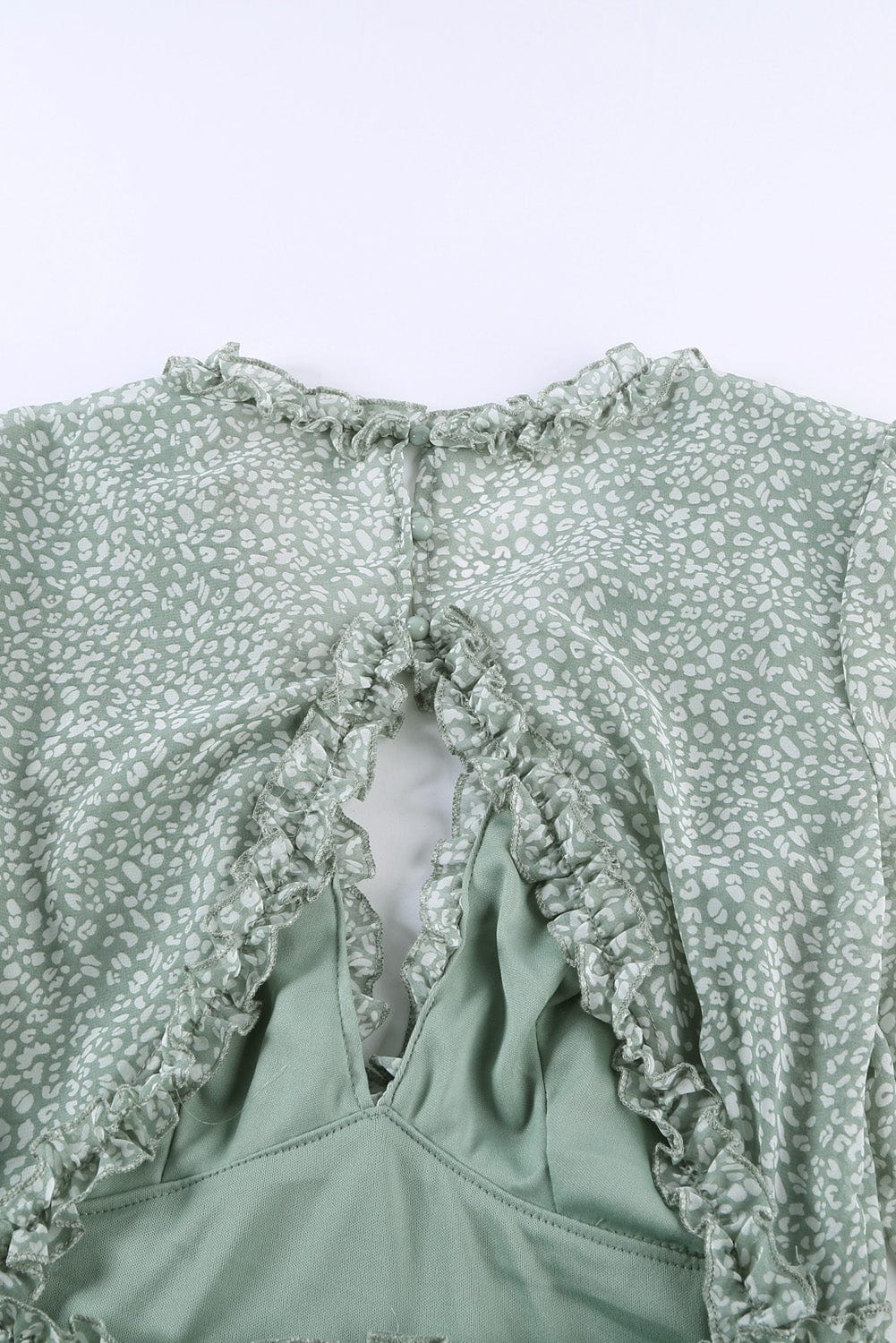 Green Floral Print Ruffle Detail Open Back Boho Dress