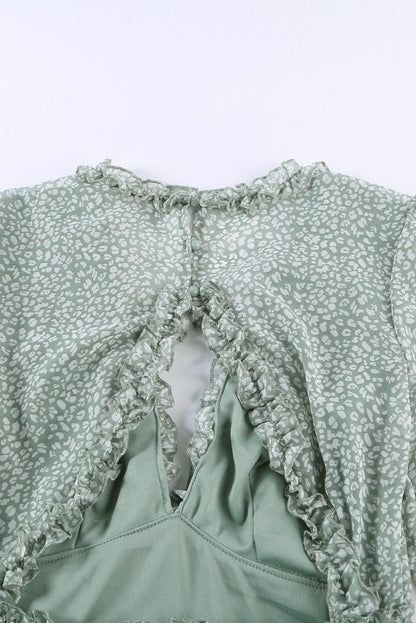 Green Floral Print Ruffle Detail Open Back Boho Dress