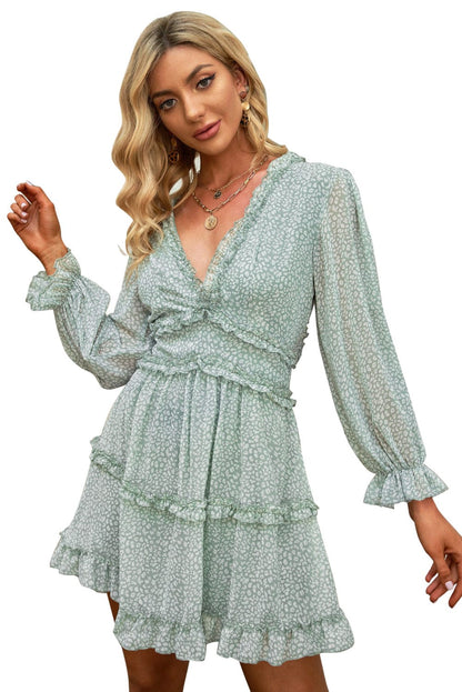 Green Floral Print Ruffle Detail Open Back Boho Dress