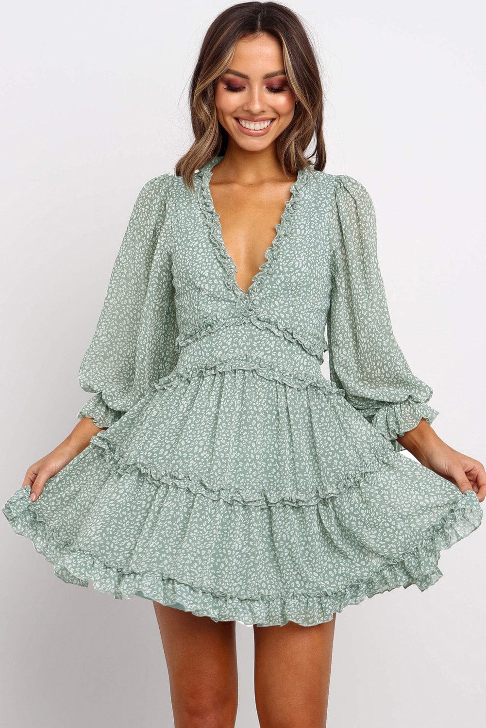 Green Floral Print Ruffle Detail Open Back Boho Dress