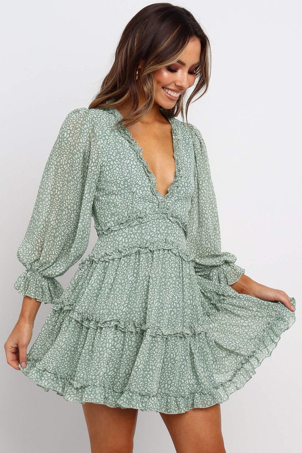 Green Floral Print Ruffle Detail Open Back Boho Dress