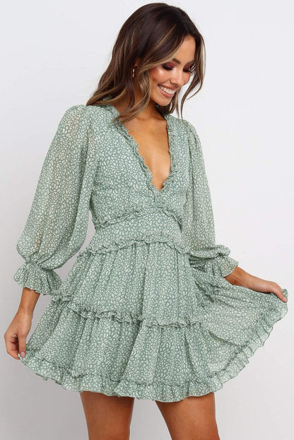 Green Floral Print Ruffle Detail Open Back Boho Dress
