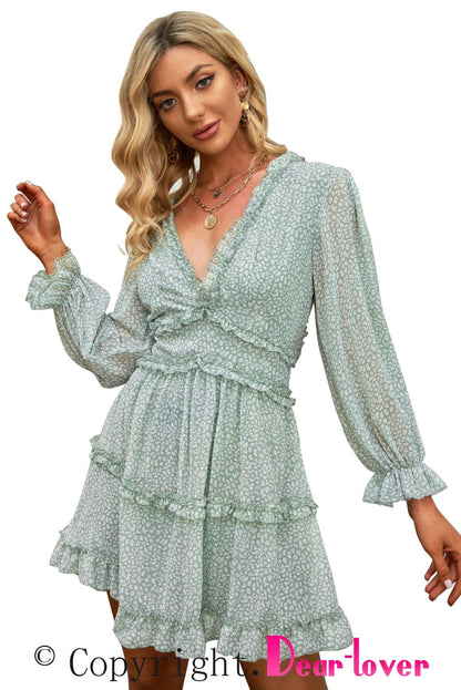 Green Floral Print Ruffle Detail Open Back Boho Dress