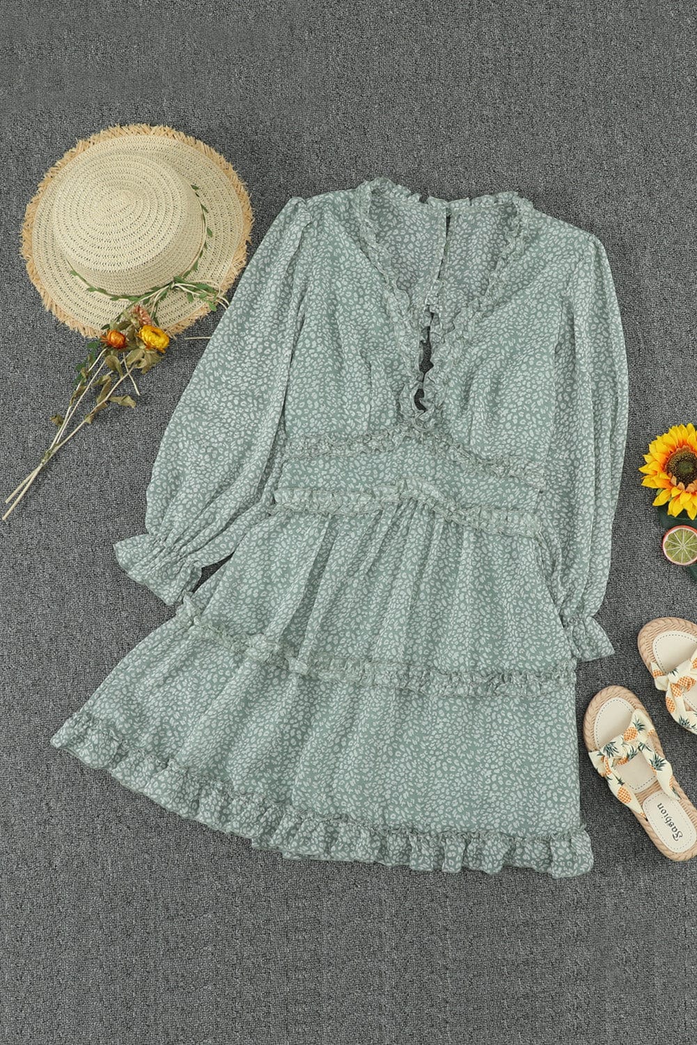 Green Floral Print Ruffle Detail Open Back Boho Dress