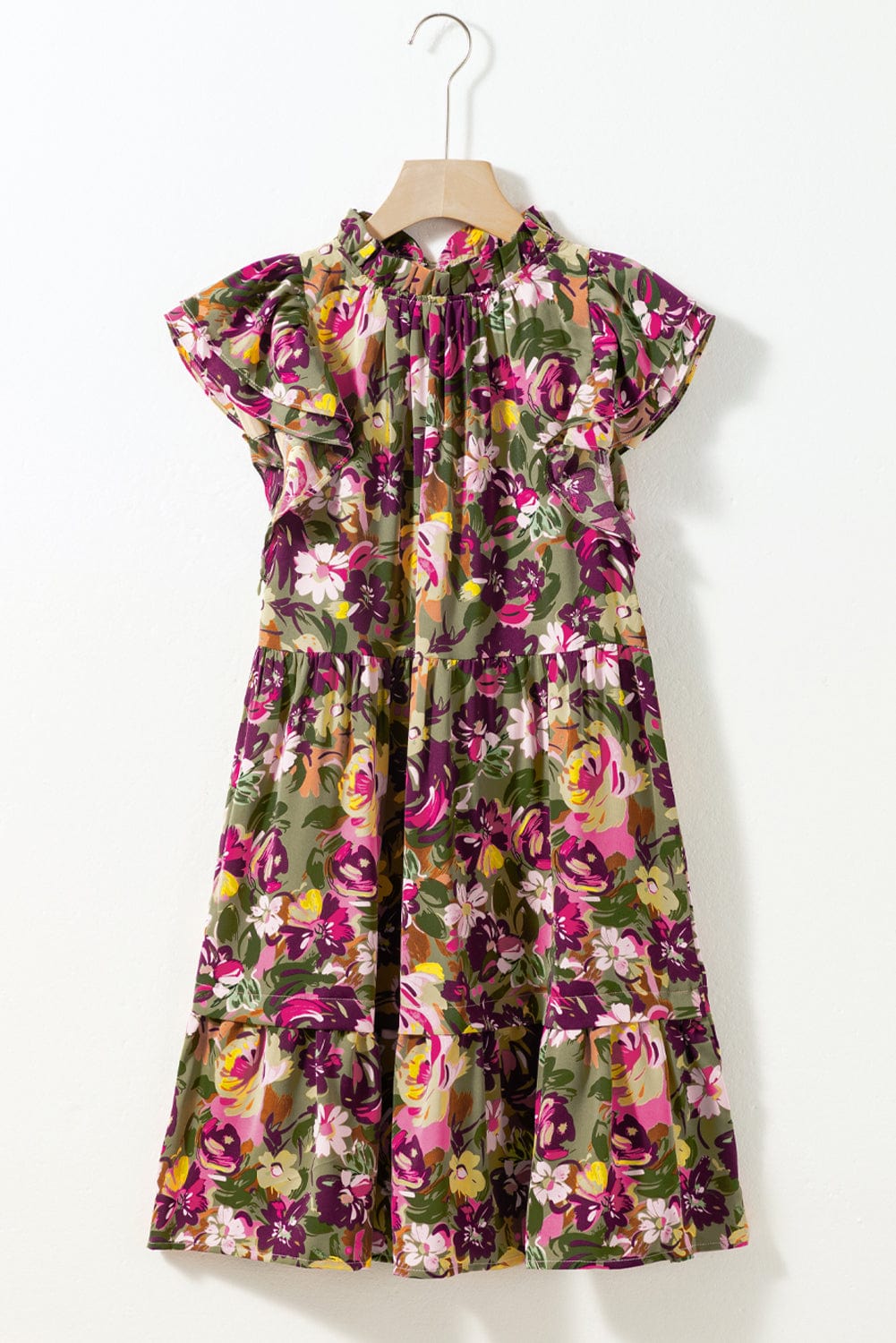 Green Floral Print Ruffle Sleeve Frilled Neck Mini Dress with A-Line Silhouette
