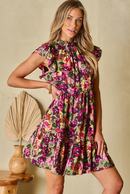 Green Floral Print Ruffle Sleeve Frilled Neck Mini Dress with A-Line Silhouette