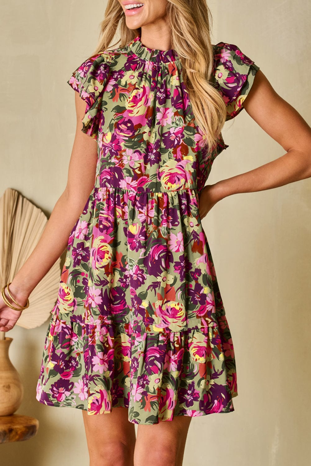Green Floral Print Ruffle Sleeve Frilled Neck Mini Dress with A-Line Silhouette