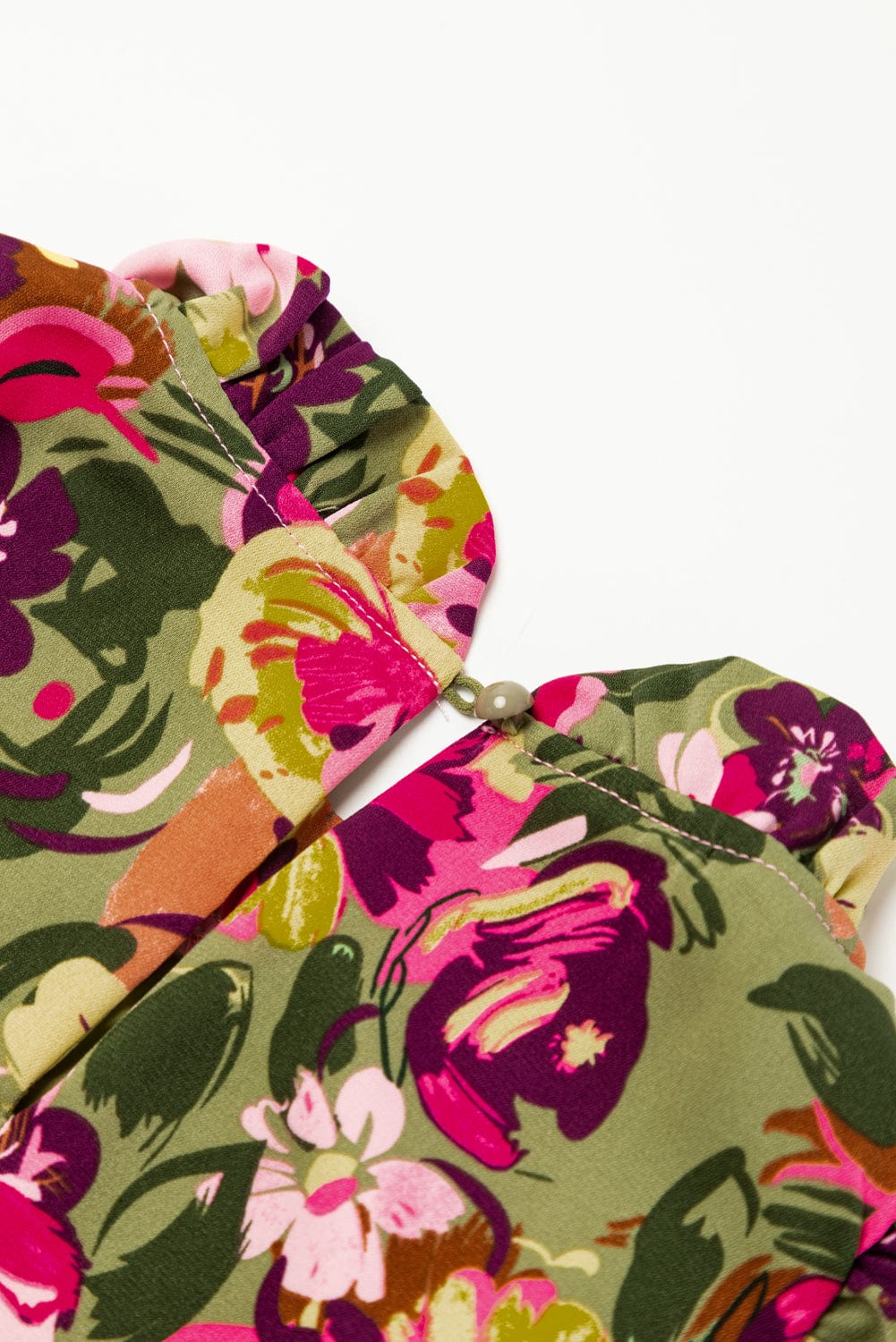 Green Floral Print Ruffle Sleeve Frilled Neck Mini Dress with A-Line Silhouette