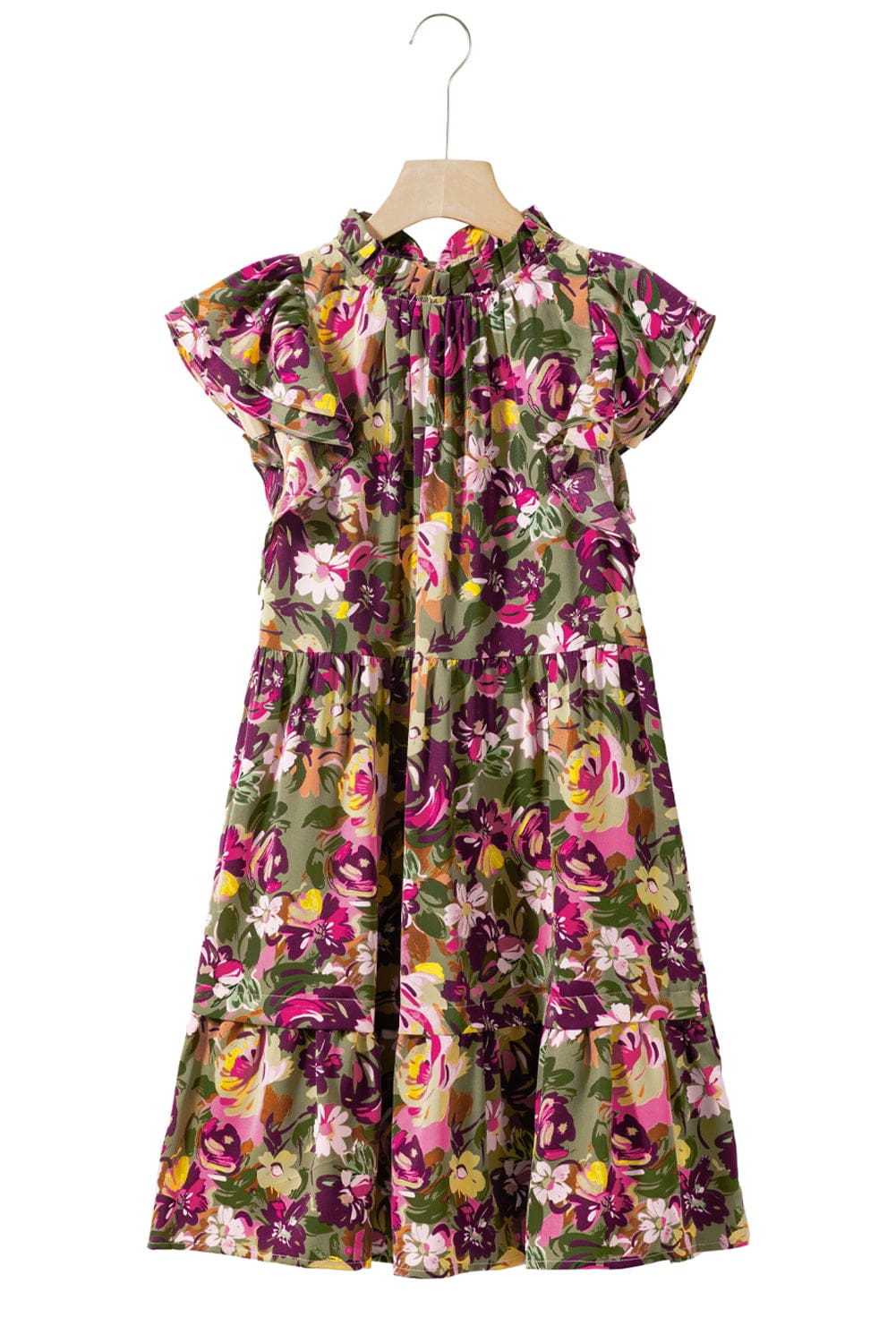 Green Floral Print Ruffle Sleeve Frilled Neck Mini Dress with A-Line Silhouette