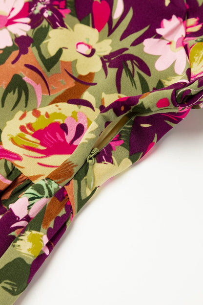 Green Floral Print Ruffle Sleeve Frilled Neck Mini Dress with A-Line Silhouette