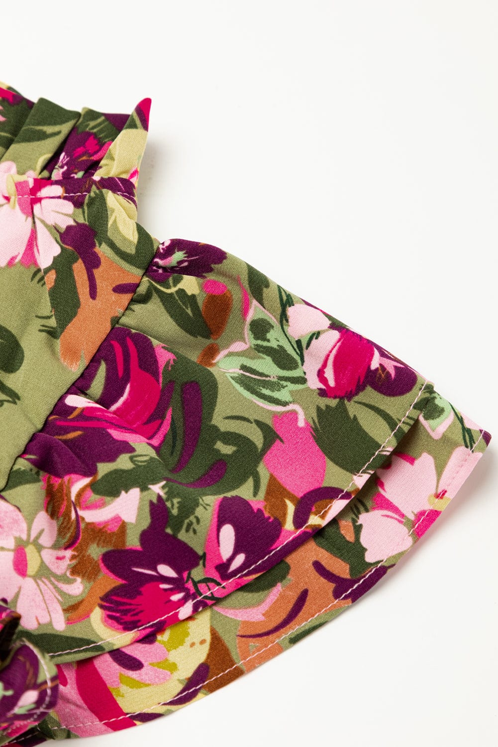 Green Floral Print Ruffle Sleeve Frilled Neck Mini Dress with A-Line Silhouette