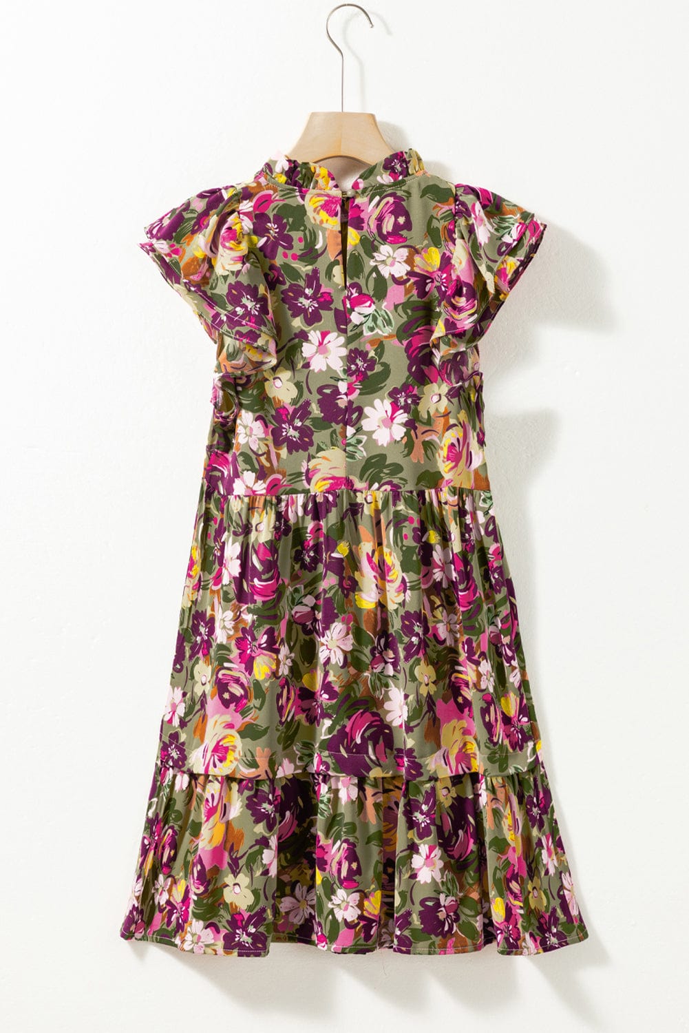 Green Floral Print Ruffle Sleeve Frilled Neck Mini Dress with A-Line Silhouette