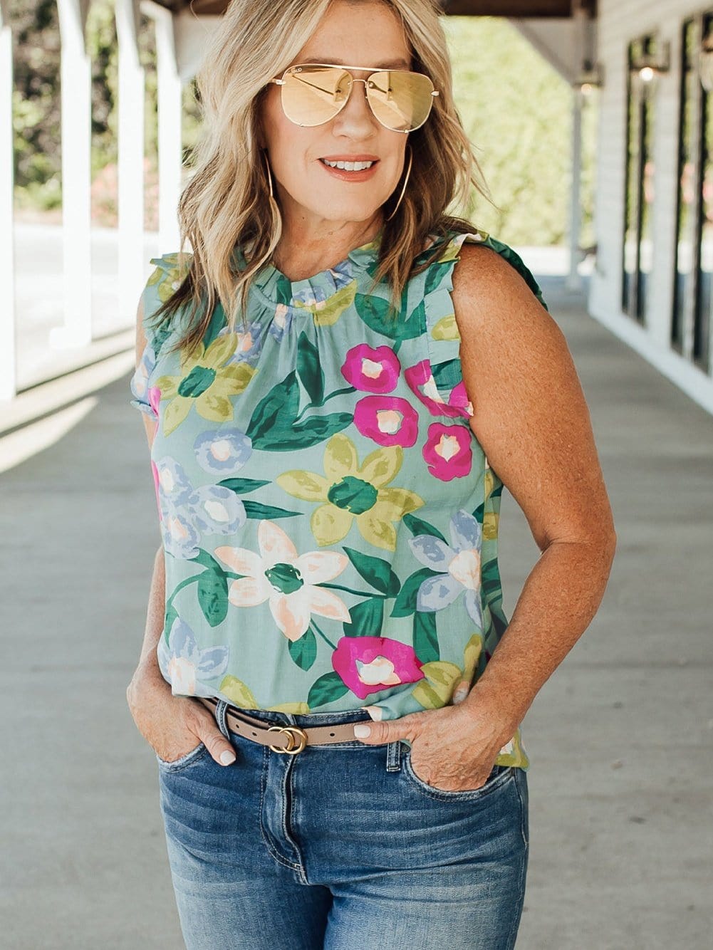 Green Floral Print Sleeveless Ruffle Tank Top