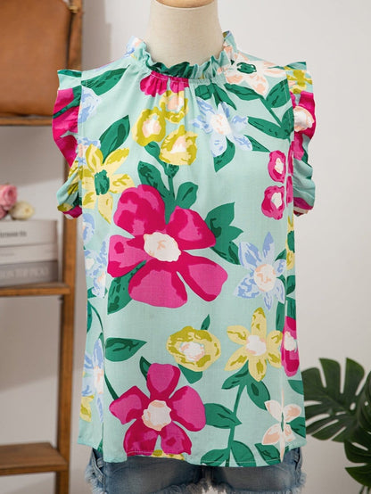 Green Floral Print Sleeveless Ruffle Tank Top