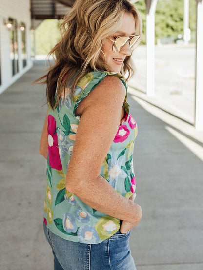 Green Floral Print Sleeveless Ruffle Tank Top