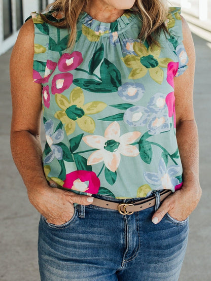 Green Floral Print Sleeveless Ruffle Tank Top