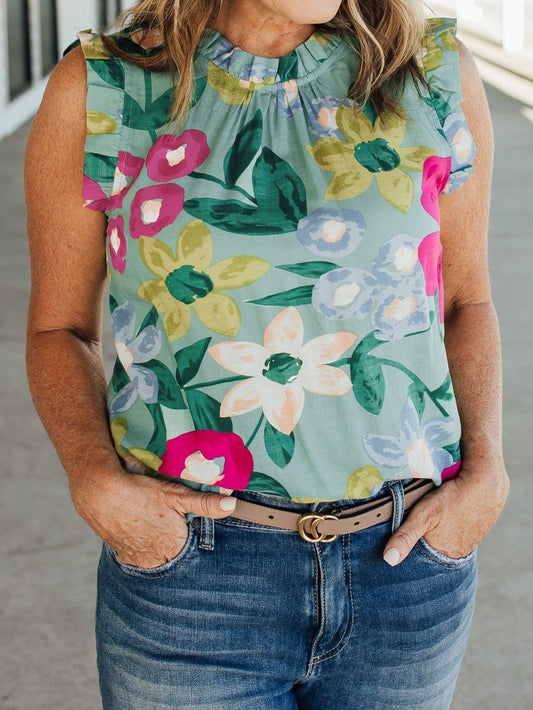 Green Floral Print Sleeveless Ruffle Tank Top