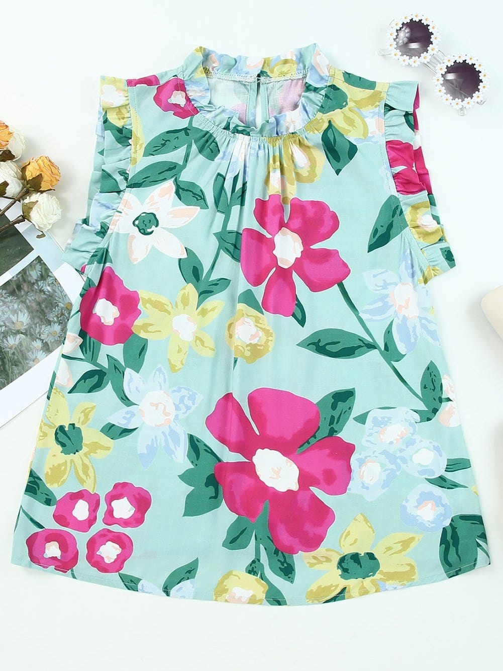 Green Floral Print Sleeveless Ruffle Tank Top