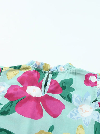 Green Floral Print Sleeveless Ruffle Tank Top