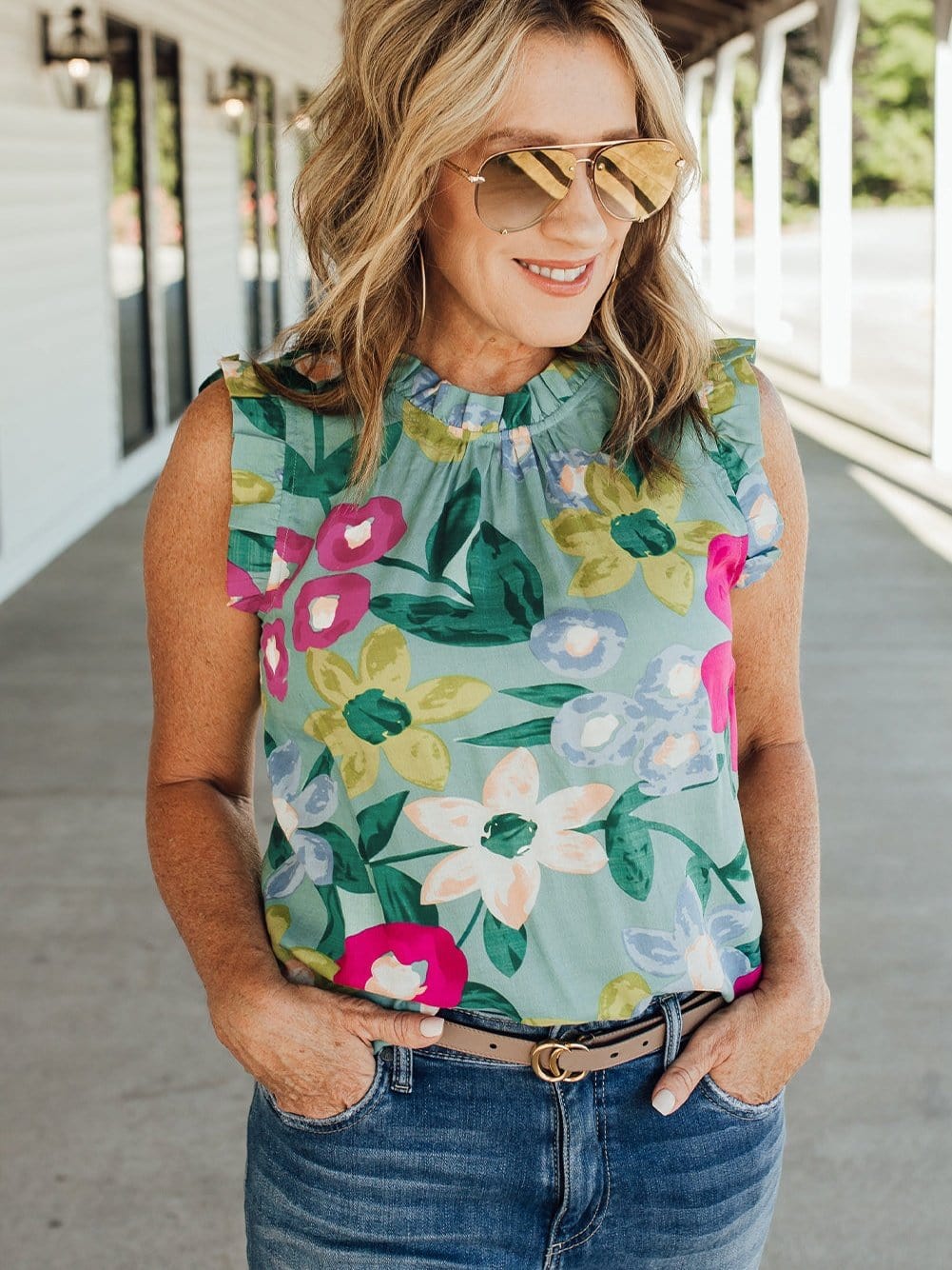 Green Floral Print Sleeveless Ruffle Tank Top