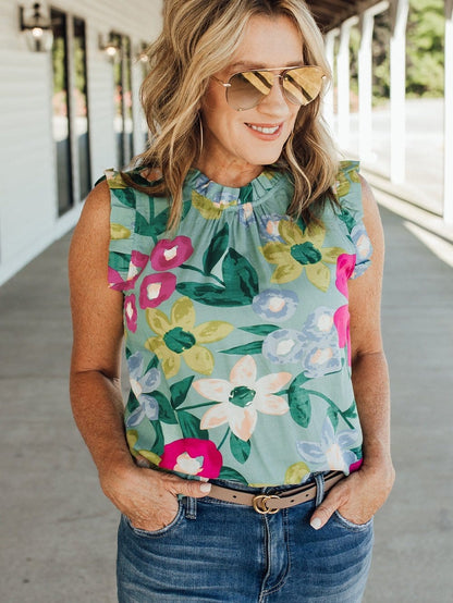 Green Floral Print Sleeveless Ruffle Tank Top