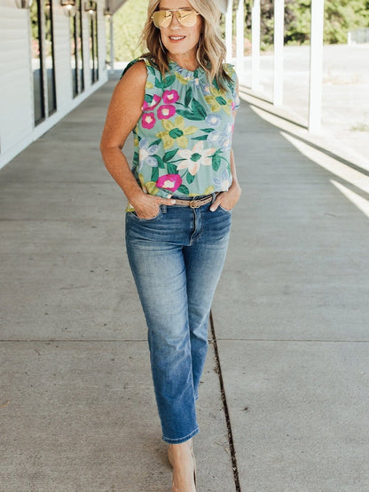 Green Floral Print Sleeveless Ruffle Tank Top