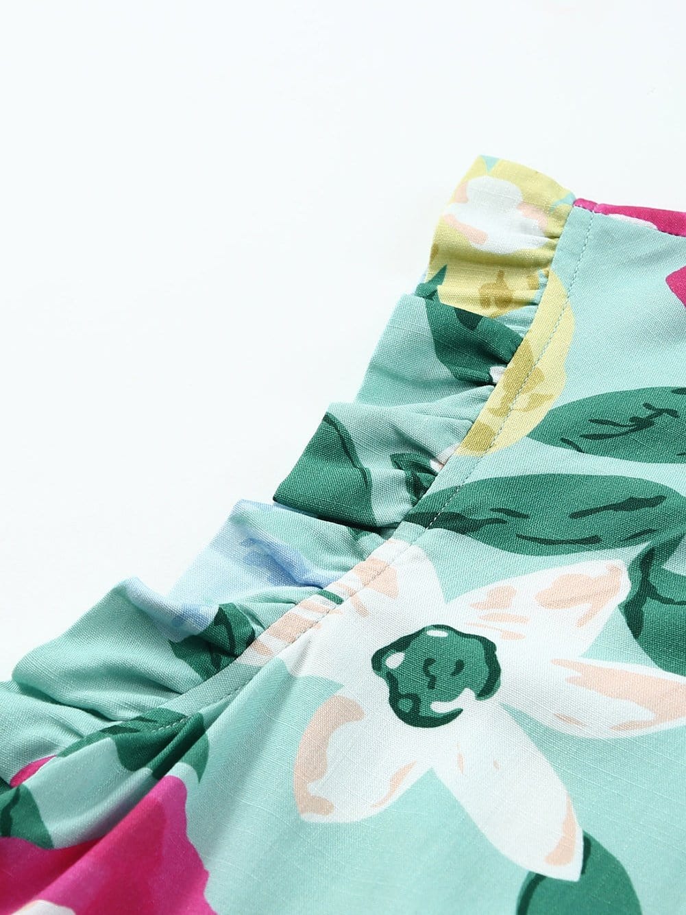 Green Floral Print Sleeveless Ruffle Tank Top