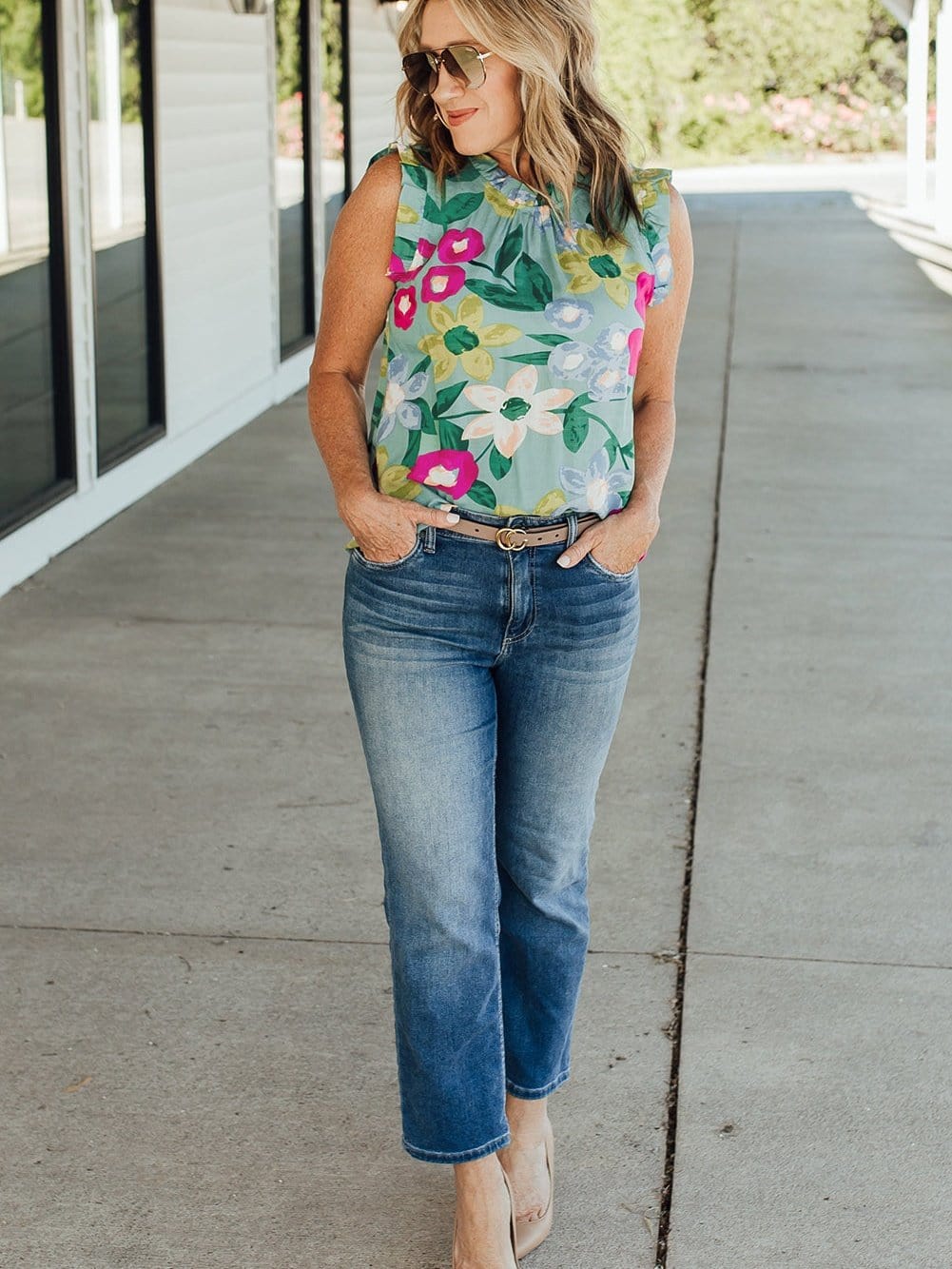 Green Floral Print Sleeveless Ruffle Tank Top