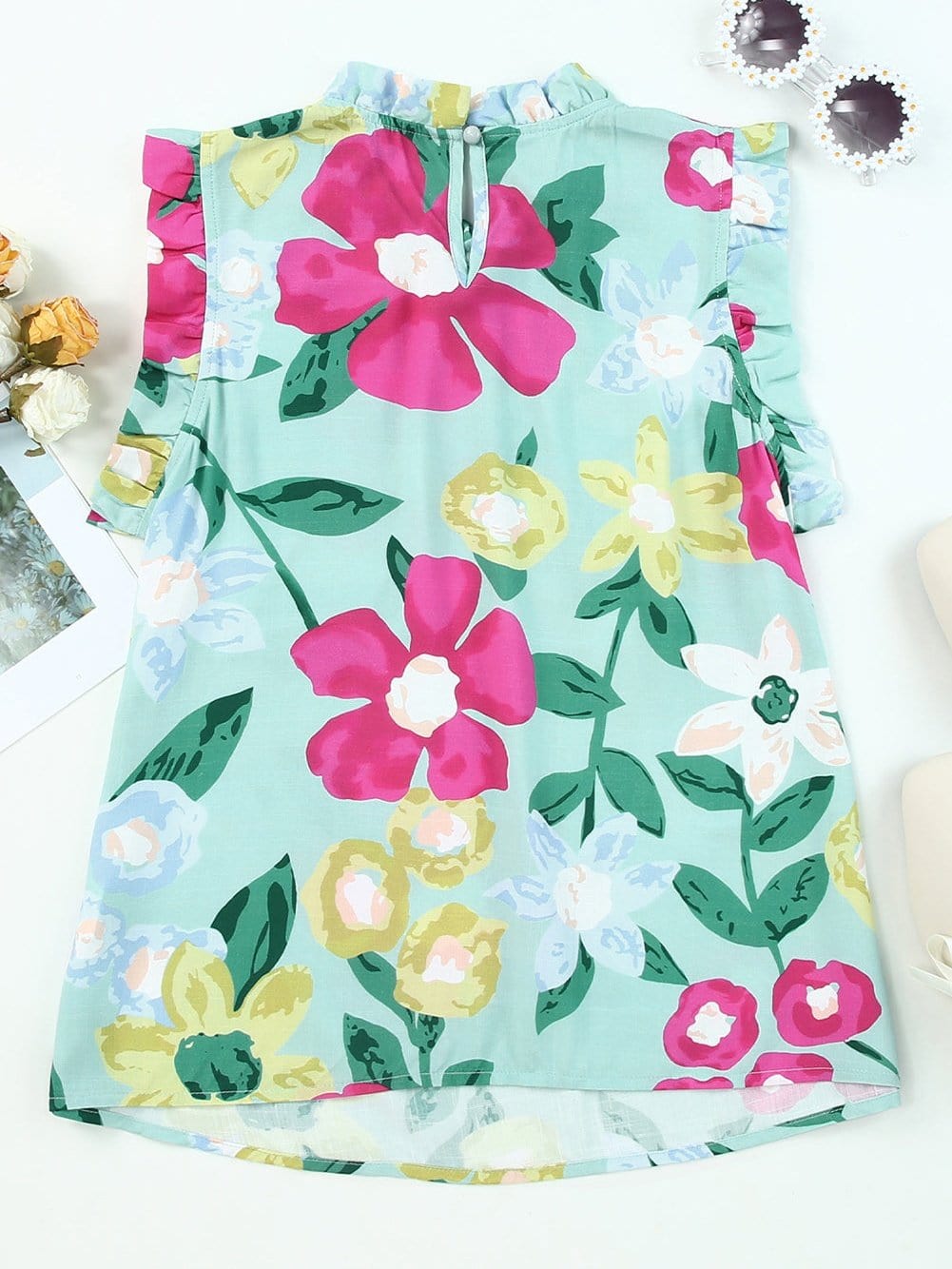 Green Floral Print Sleeveless Ruffle Tank Top