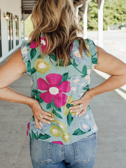Green Floral Print Sleeveless Ruffle Tank Top
