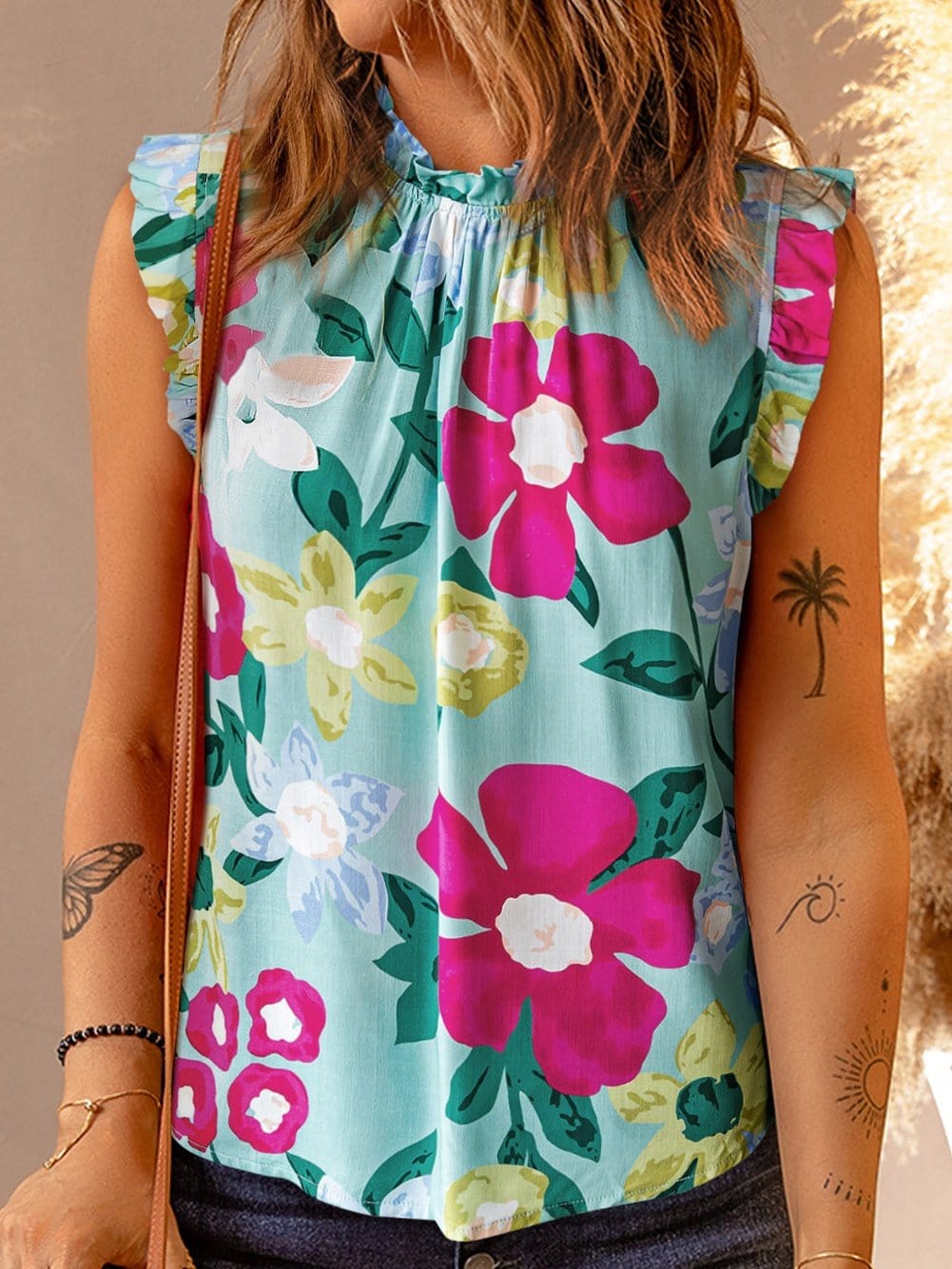Green Floral Print Sleeveless Ruffle Tank Top