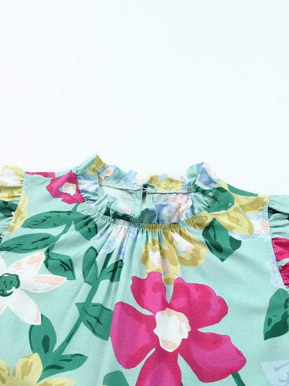 Green Floral Print Sleeveless Ruffle Tank Top