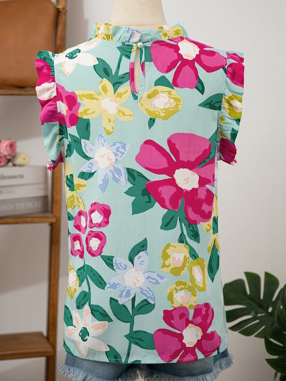 Green Floral Print Sleeveless Ruffle Tank Top