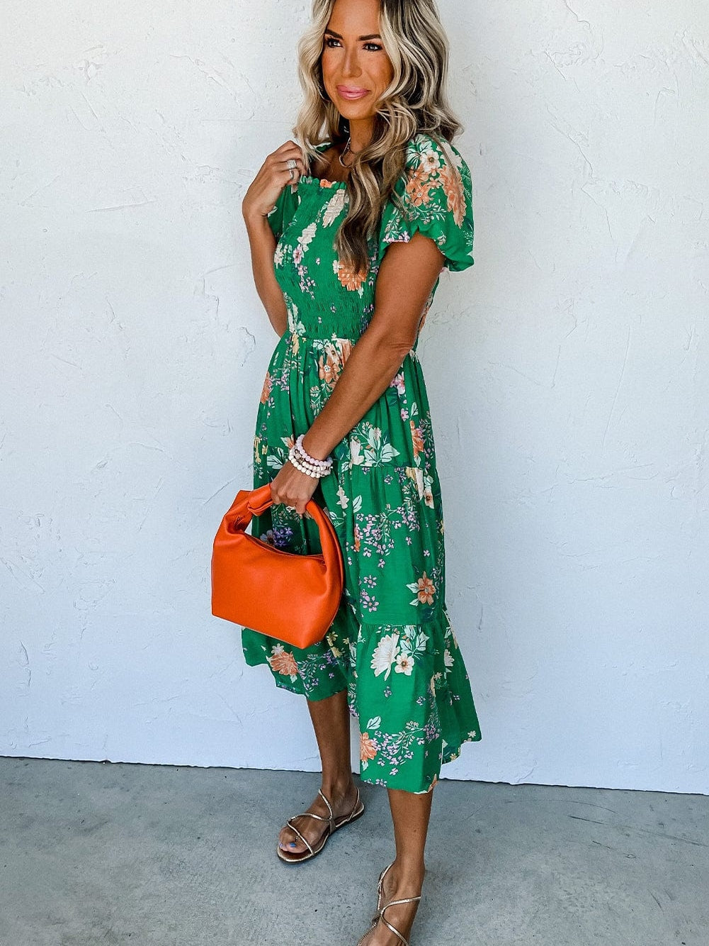 Green Floral Print Smocked Tiered Midi Dress with Bubble Sleeves