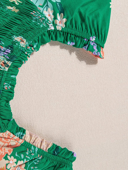 Green Floral Print Smocked Tiered Midi Dress with Bubble Sleeves