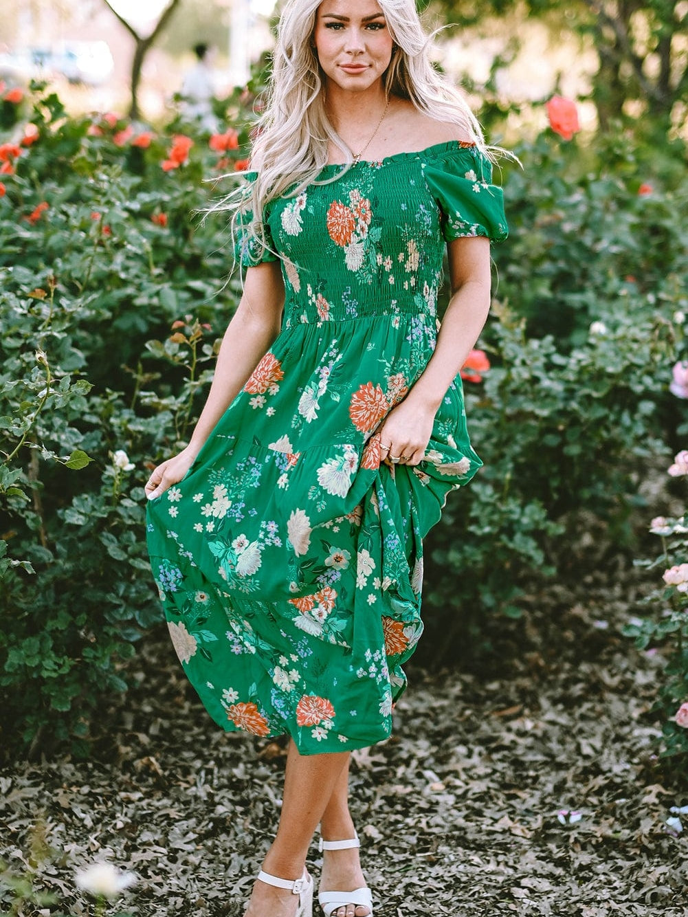 Green Floral Print Smocked Tiered Midi Dress with Bubble Sleeves