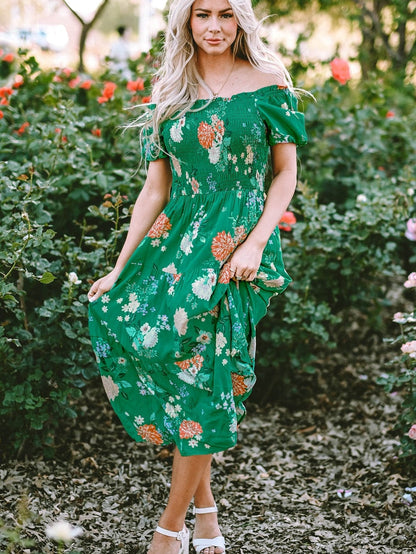 Green Floral Print Smocked Tiered Midi Dress with Bubble Sleeves