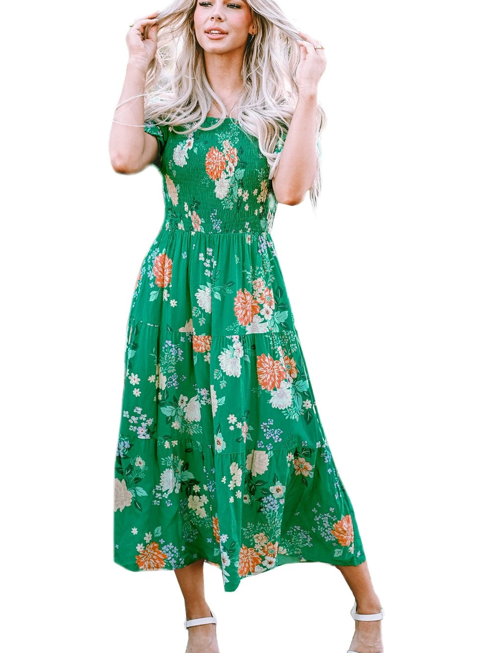 Green Floral Print Smocked Tiered Midi Dress with Bubble Sleeves