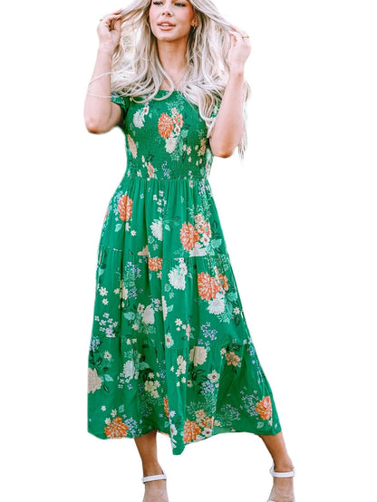 Green Floral Print Smocked Tiered Midi Dress with Bubble Sleeves