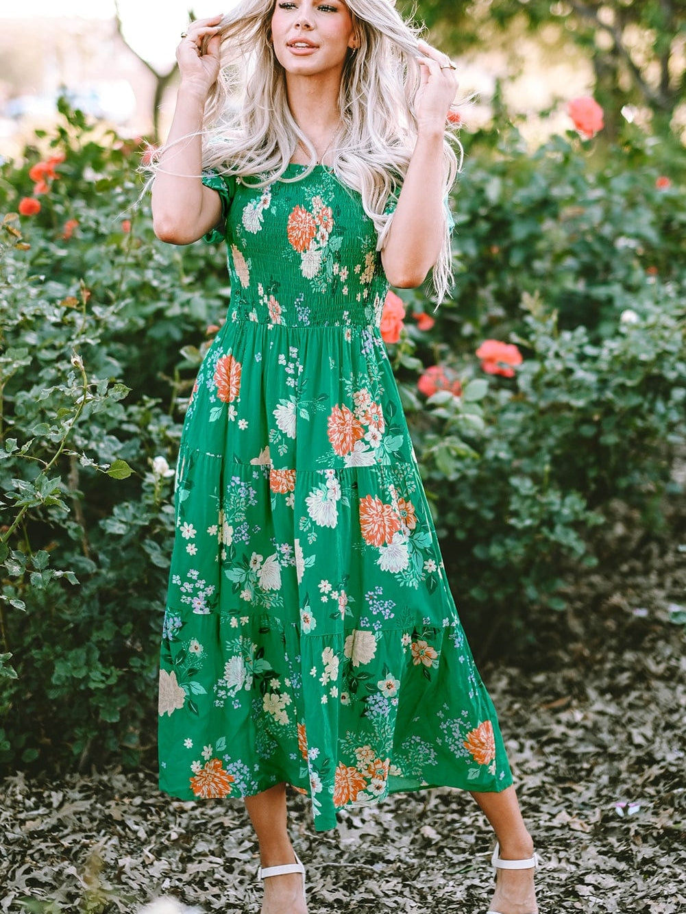 Green Floral Print Smocked Tiered Midi Dress with Bubble Sleeves