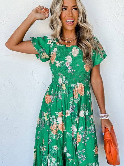 Green Floral Print Smocked Tiered Midi Dress with Bubble Sleeves
